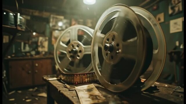 Vintage film reels spinning in a dimly lit room, retro cinema concept
