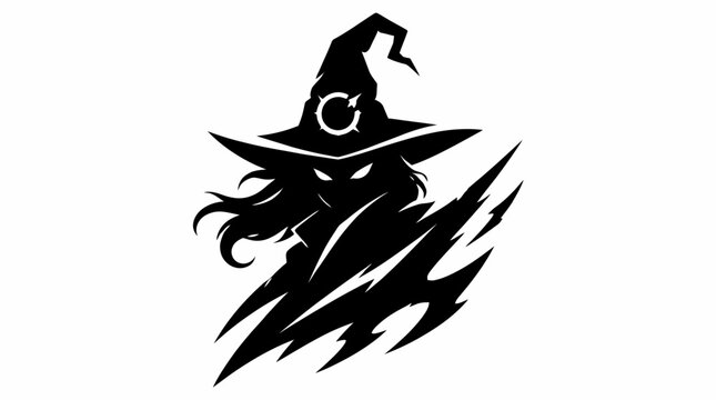 Stylized witch silhouette profile with pointed hat.