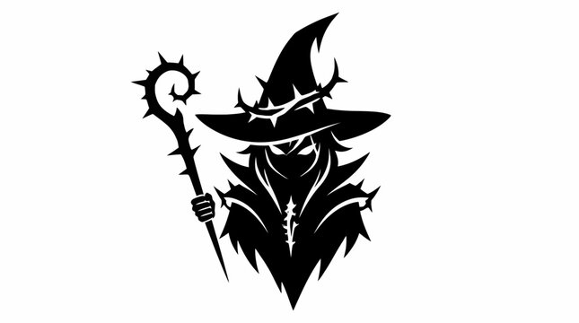 Dark wizard mage mascot holding magical staff.
