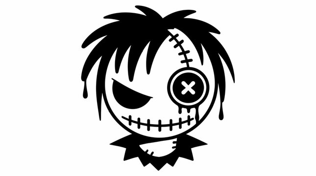 Stitched voodoo doll boy head with patch eye.