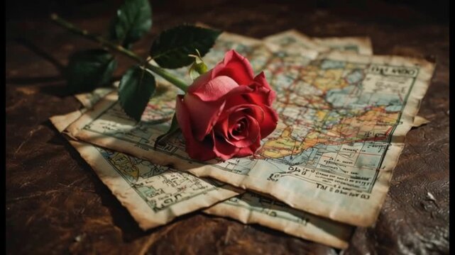 Red Rose on Antique Maps Love, Travel, Romance, Nostalgia, Journey Concepts