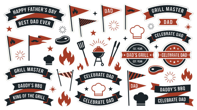 Collection of fathers day themed banners and icons celebrating dad with grilling and outdoor activities