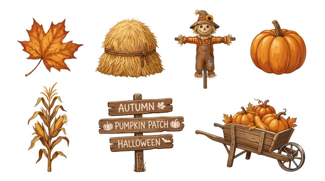 Collection of autumn themed objects including leaves pumpkins scarecrow and wooden sign
