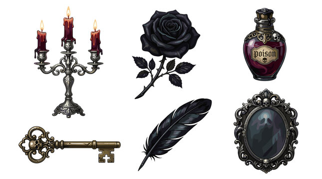 Vintage gothic accessories including candle holder rose key feather and ornate mirror