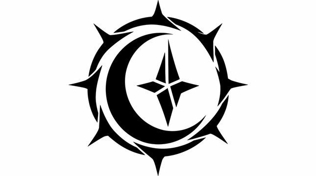 Crescent moon with star in spiked circle logo.
