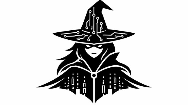 Cyberpunk tech wizard mascot logo with circuits.