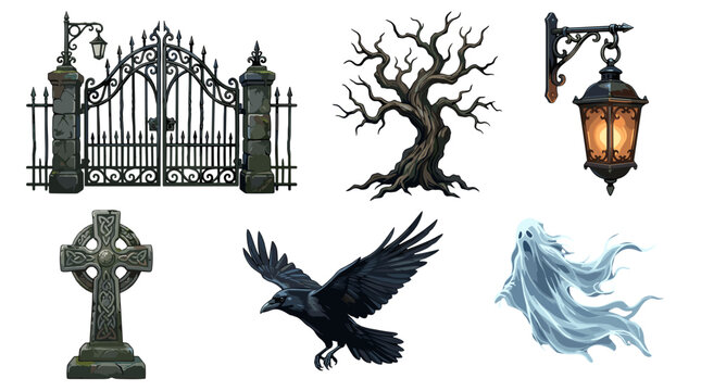Collection of spooky halloween themed objects including gate tree lantern cross and raven