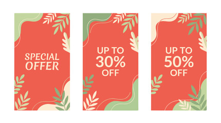 Naklejka premium Set of three promotional discount tags with tropical leaf patterns and bold text