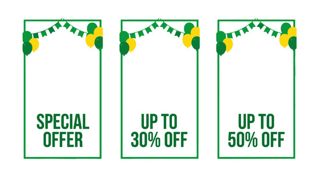 Three colorful promotional banners with string lights and festive design elements for sale