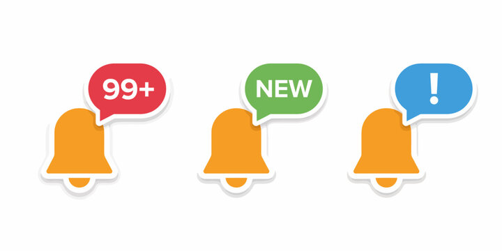 Three notification bell icons with different speech bubble messages isolated on transparent background