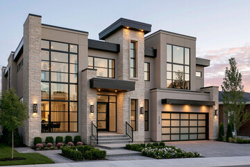 Obraz premium Modern house with large windows and brick exterior