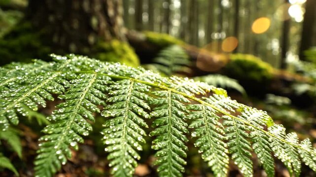 Close-up of a vibrant green fern leaf covered in morning dew droplets in a temperate forest setting with blurred trees and mossy logs in the background on a sunny day.
