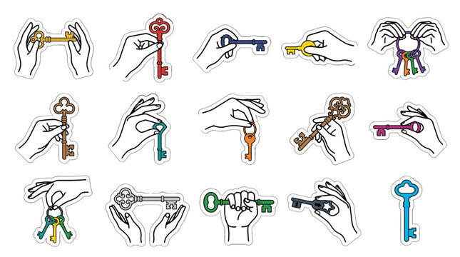 Collection of colorful and detailed key illustrations representing various types of keys