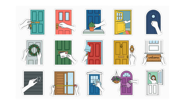 Collection of colorful door handles and knobs in various styles and colors for interior design
