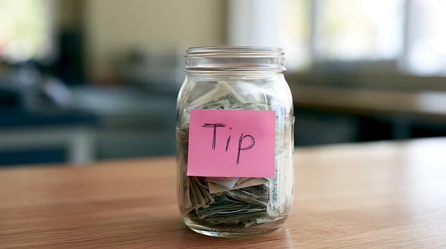 Glass Jar Full of Paper Currency with a Pink Note Labelled "Tip" on a Wooden Surface in a Residential Interior