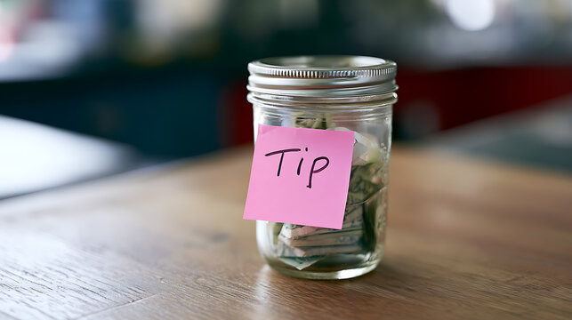 Clear Glass Jar with a Pink Sticky Note Labeled 'Tip' on a Wooden Table, Containing Monetary Notes, in a Soft Focus Setting
