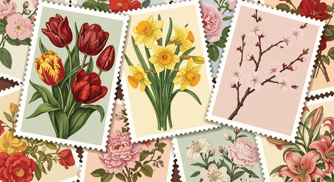 Colorful floral pattern with red yellow and green flowers.