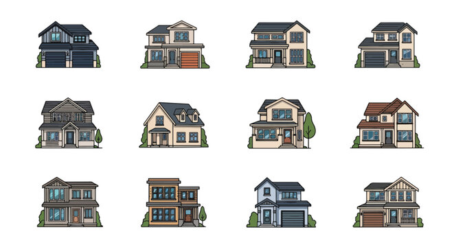 Collection of twelve diverse residential house illustrations.