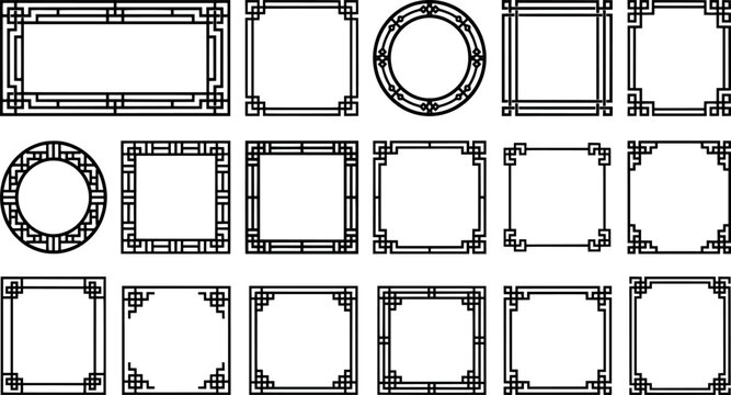 Set of traditional chinese decorative frames and borders with geometric patterns transparent background