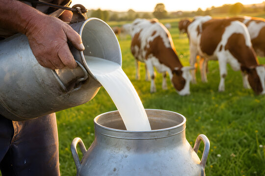 Farmer pouring fresh milk into a traditional metal can. Dairy cows graze in a sunny field, highlighting natural farm produce
