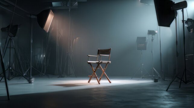 Film director's chair centrally placed on a smoky studio set, illuminated by a dramatic spotlight. dark, hazy. Professional film production equipment, creating a moody atmosphere.