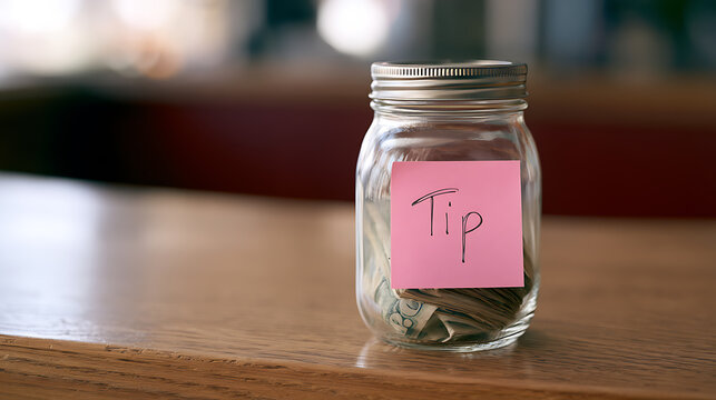 A clear glass jar for tips with money inside, featuring a pink sticky note on its side, sitting on a warm wooden surface in a comfortable setting