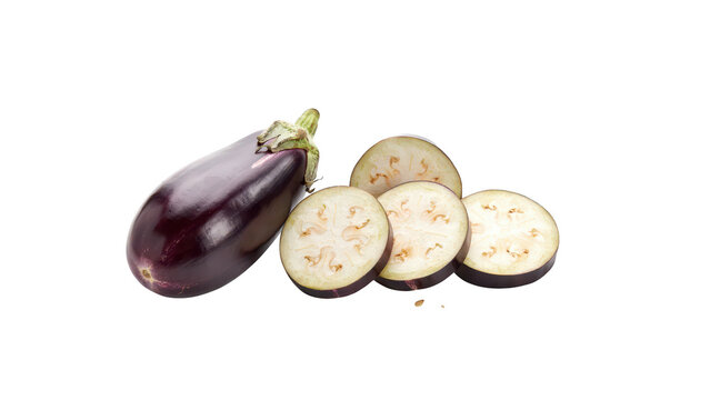 A whole purple eggplant positioned beside three round slices of the vegetable, isolated on a white background, for healthy cooking