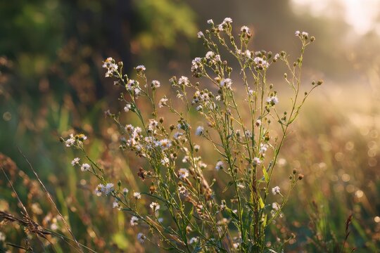 Canadian horseweed in a sunlit meadow: slender stems with tiny white blooms