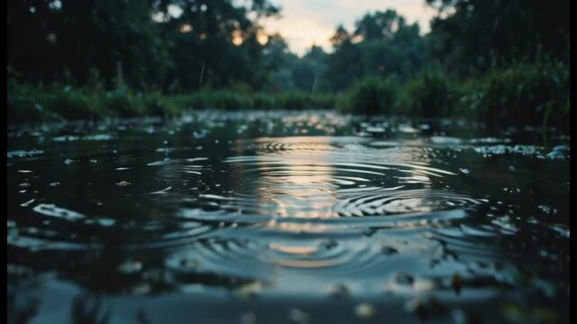 Raindrops Falling on Calm Water Surface, Ripples in Forest Stream at Dusk