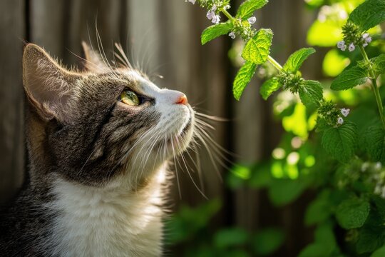 Feline in a sunlit yard pauses to sniff fragrant catnip blossoms among green leaves