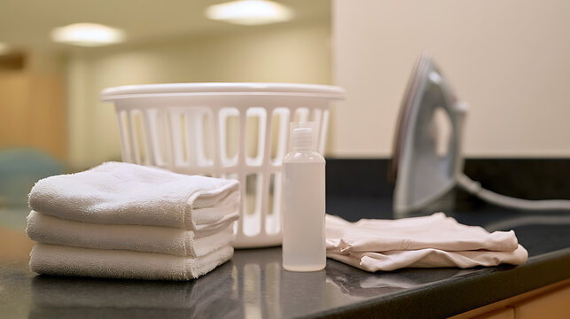 Laundry Essentials: Freshly Folded Towels, Empty Hamper, and Iron on a Dark Countertop in a Bright Room