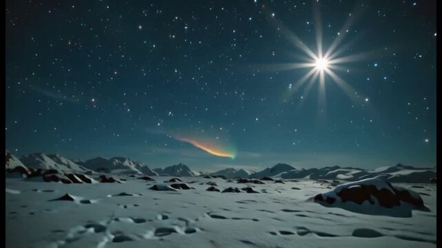 Bright Starry Night Sky Over Snowy Arctic Landscape with Aurora Borealis