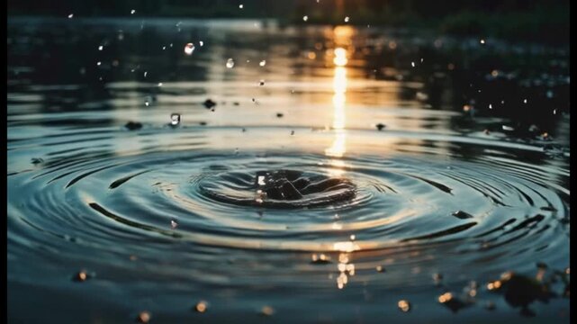 Raindrops Falling on Water Surface, Creating Ripples and Reflections