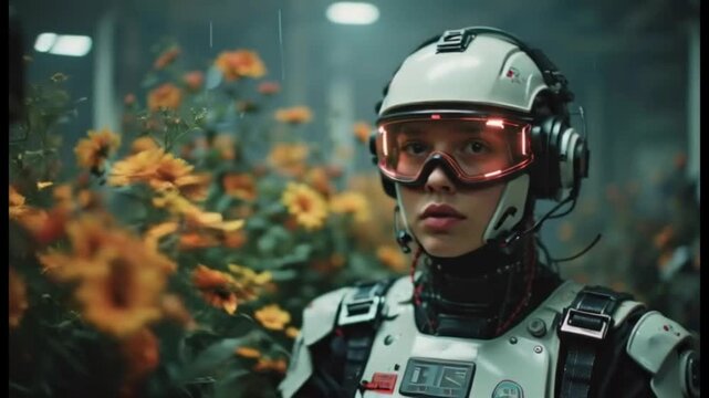 Futuristic Female Scientist Tending To Blooming Flowers In A High-Tech Greenhouse