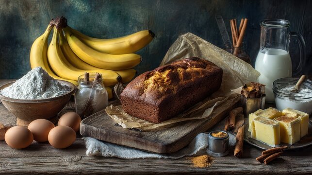 Close-up of ripe bananas with baking tools and pantry staples for banana bread