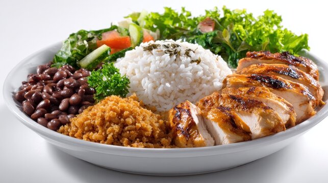 Colorful Brazilian plate: rice, beans, farofa, salad greens and grilled chicken on a clean white backdrop