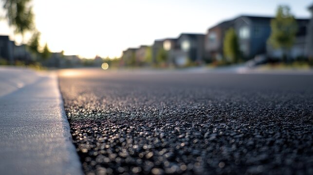 Low-angle close-up of fresh asphalt overlay on a concrete residential street with shallow depth of field