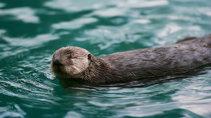 Fototapeta premium A serene otter floats peacefully in clear, turquoise water, its eyes closed in a moment of calm and relaxation, capturing natural tranquility