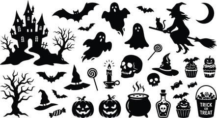 Fototapeta premium Halloween day black silhouette icons set bats witches pumpkins and spooky symbols for decoration