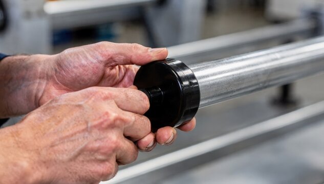 Medium shot of hands pressing a plastic frictionfit end plug securely into a metal tube demonstrating easy installation for reliable sealing in manufacturing.