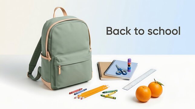 Grey backpack with school supplies and healthy oranges for children returning to classes