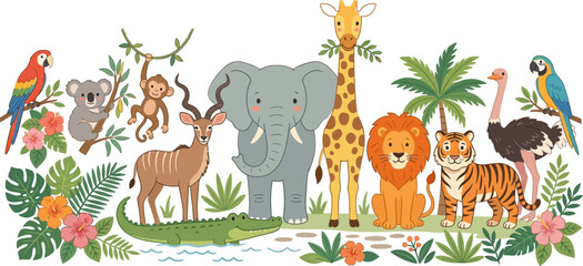 Obraz premium Cartoon jungle animals and tropical plants