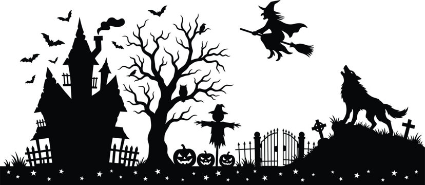 Halloween day silhouette scene with haunted house bats witch scarecrow and howling wolf