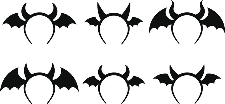 Halloween day devil horns and wings headband collection isolated vector graphics