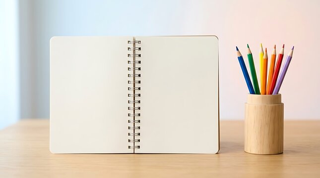 Open spiral notebook with colorful pencils in a wooden holder on a desk for creative work