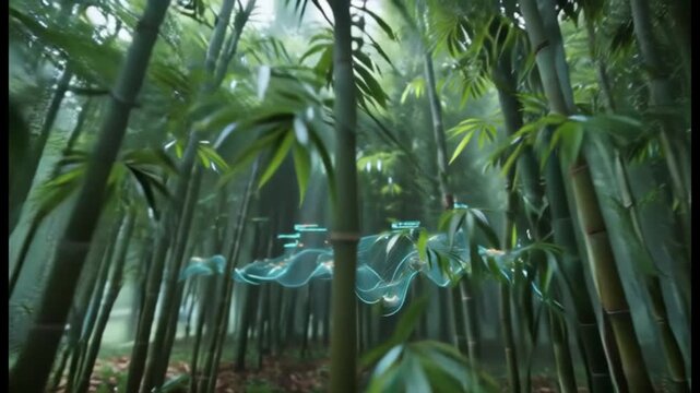 Futuristic Eco Drone Flying Through Lush Green Bamboo Forest