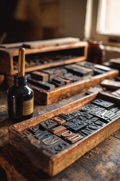 Close-up of movable type letters arranged on a wooden composing tray