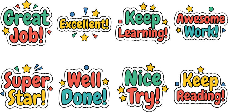 Motivational Sticker Vector Set Featuring Great Job, Excellent, Keep Learning, Awesome Work, Super Star, Well Done, Nice Try, and Keep Reading