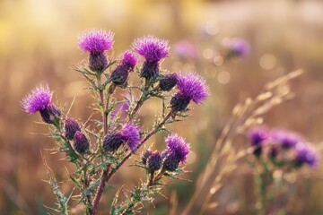 Obraz premium Canada thistle in a rural field: vibrant purple clusters among textured thorns and grasses