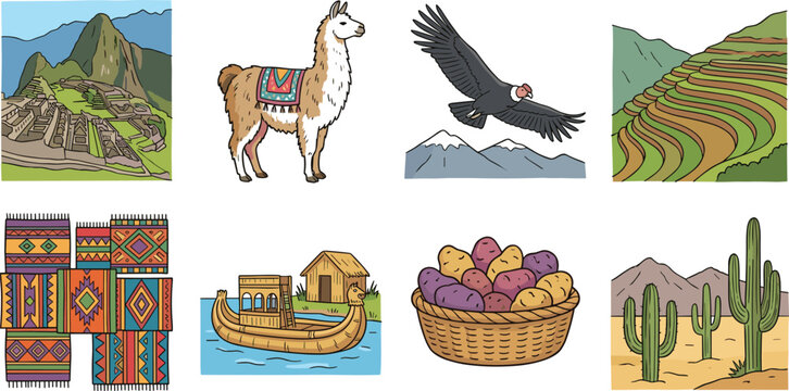 Peruvian Culture Vector Set Featuring Machu Picchu, Llama, Condor, Terraces, Textiles, Reed Boat, Potatoes, and Desert Landscape